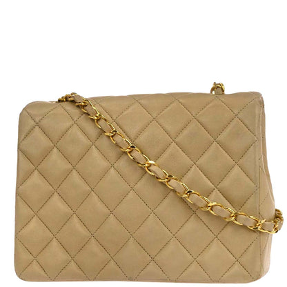Chanel 1991-1994 Beige Lambskin Classic Square Flap Shoulder Bag