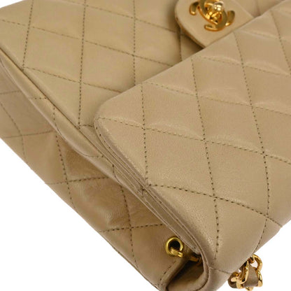 Chanel 1991-1994 Beige Lambskin Classic Square Flap Shoulder Bag