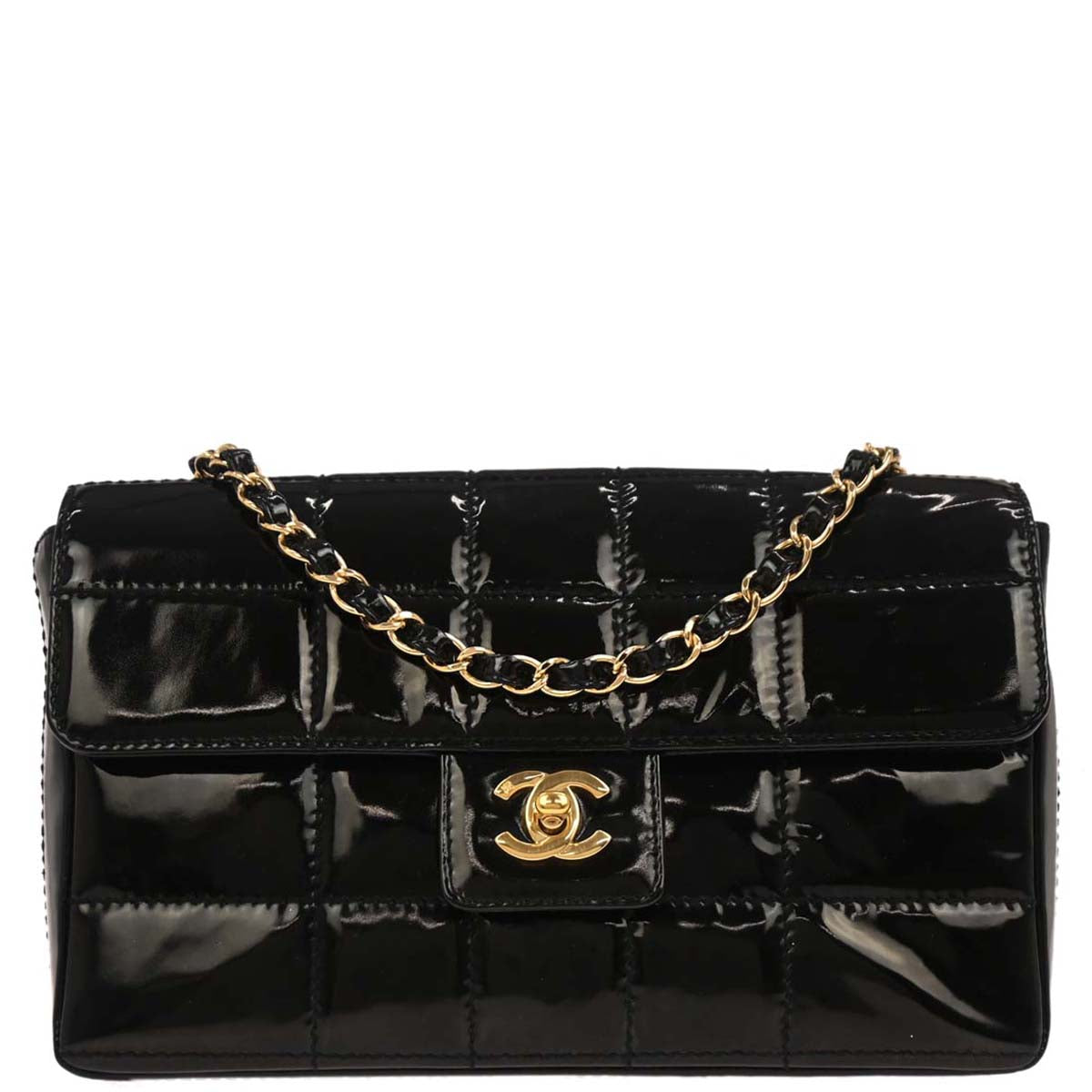 Chanel 2001-2003 Black Patent Leather Choco Bar Single Flap Shoulder Bag