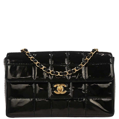 Chanel 2001-2003 Black Patent Leather Choco Bar Single Flap Shoulder Bag