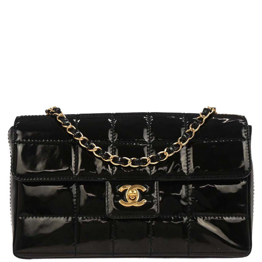 Chanel 2001-2003 Black Patent Leather Choco Bar Single Flap Shoulder Bag