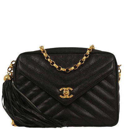 Chanel 1991-1994 Black Caviar Chevron Camera Bag Small