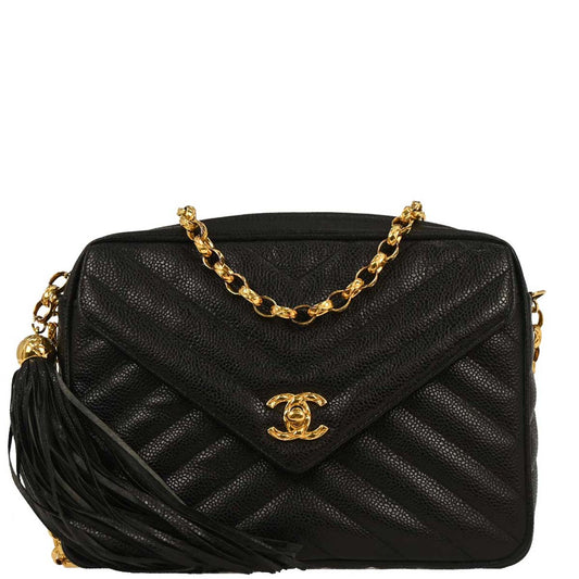Chanel 1991-1994 Black Caviar Chevron Camera Bag Small
