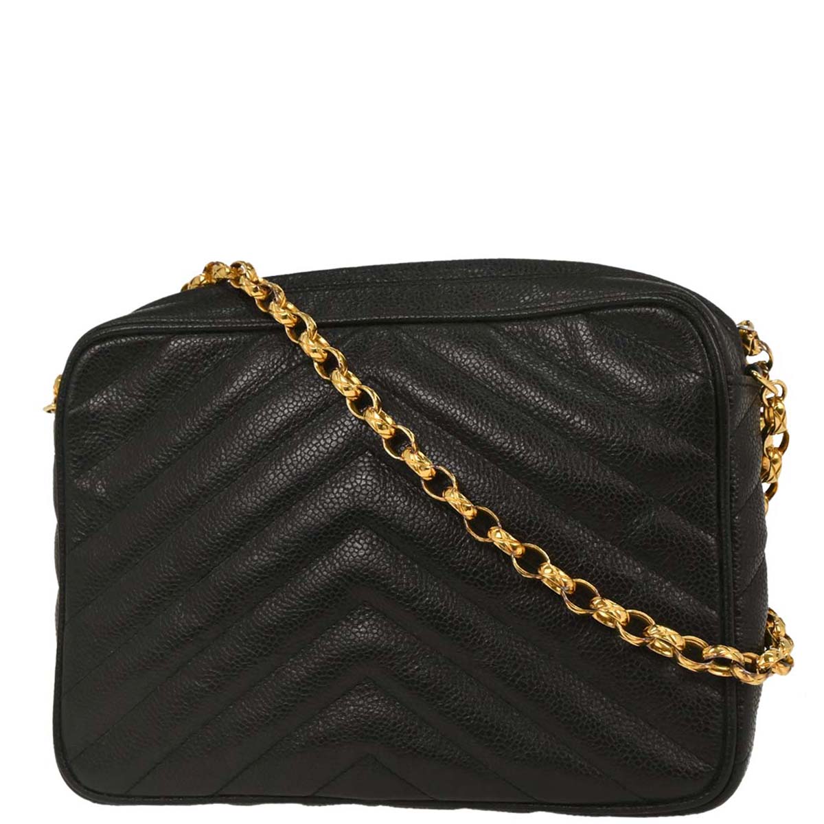 Chanel 1991-1994 Black Caviar Chevron Camera Bag Small
