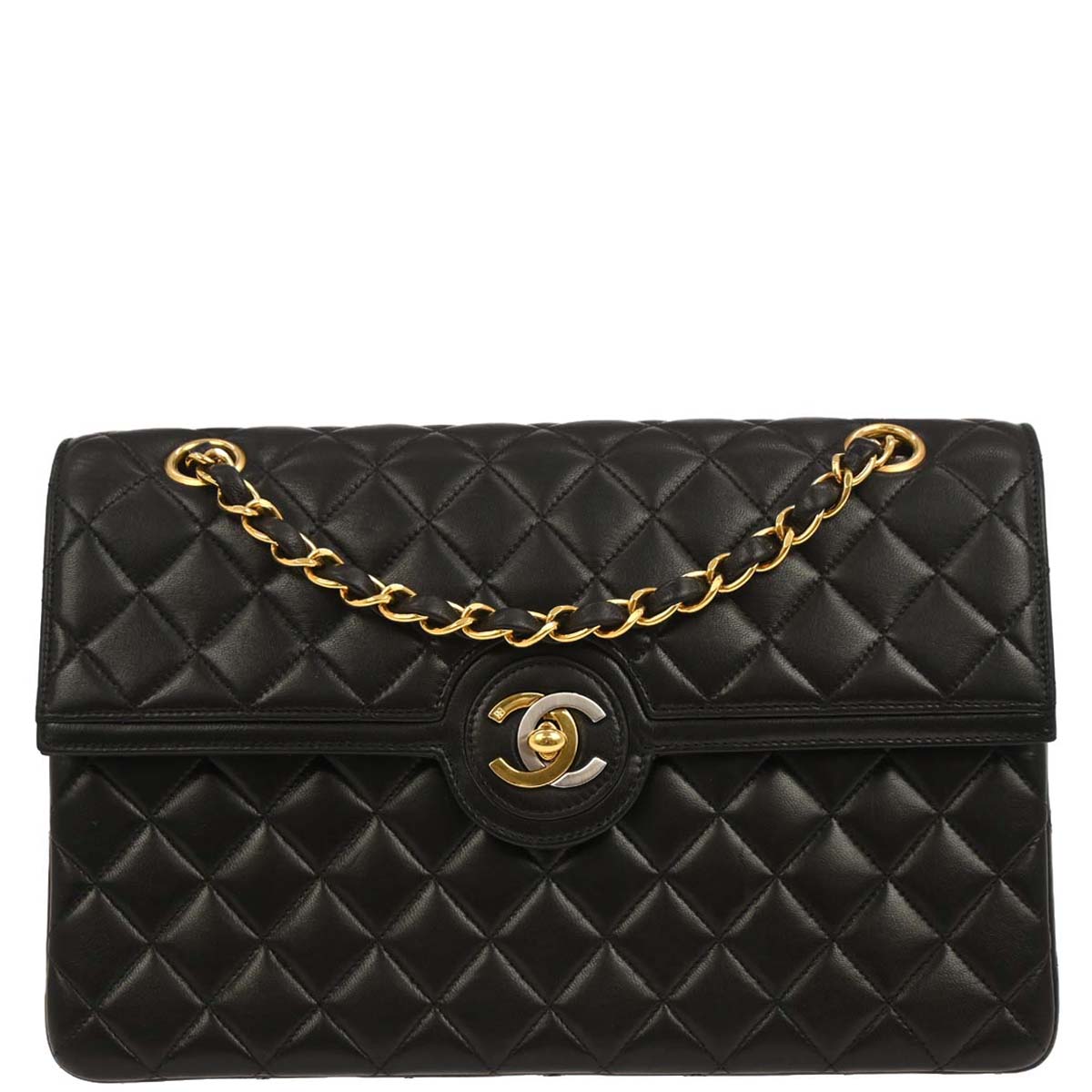Chanel 1994-1996 Black Lambskin Paris Single Flap Chain Shoulder Bag