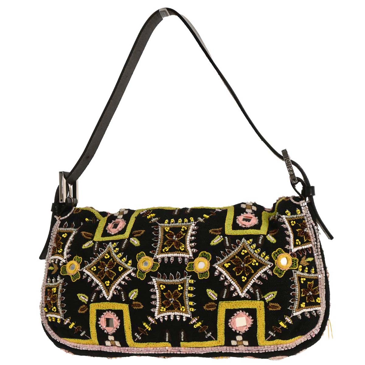 Fendi Black Canvas Beads Baguette Handbag