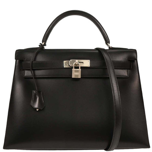 Hermes 1999 Black Box Calf Kelly 32 Sellier 2way Shoulder Handbag