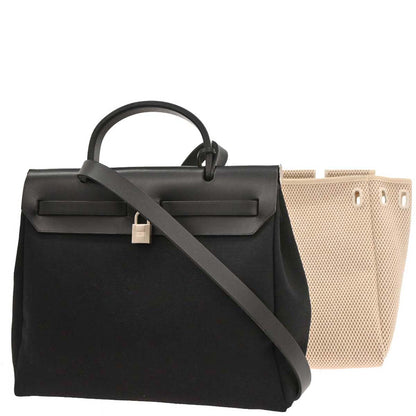 Hermes 2003 Black Beige Toile Officier GM Herbag PM 2 in 1 Handbag
