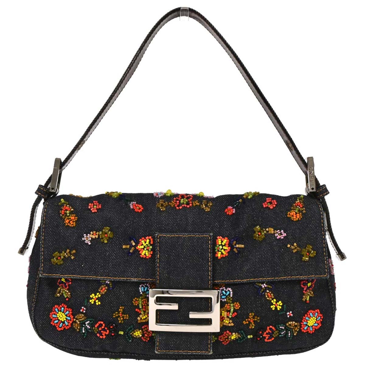 Fendi Navy Denim Beads Baguette Handbag