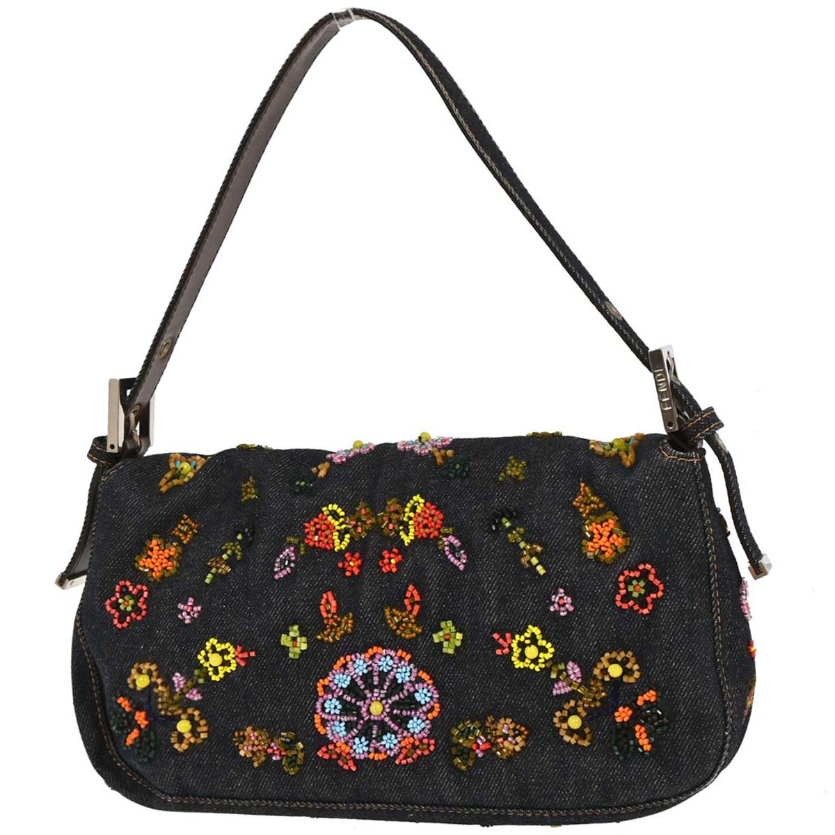 Fendi Navy Denim Beads Baguette Handbag