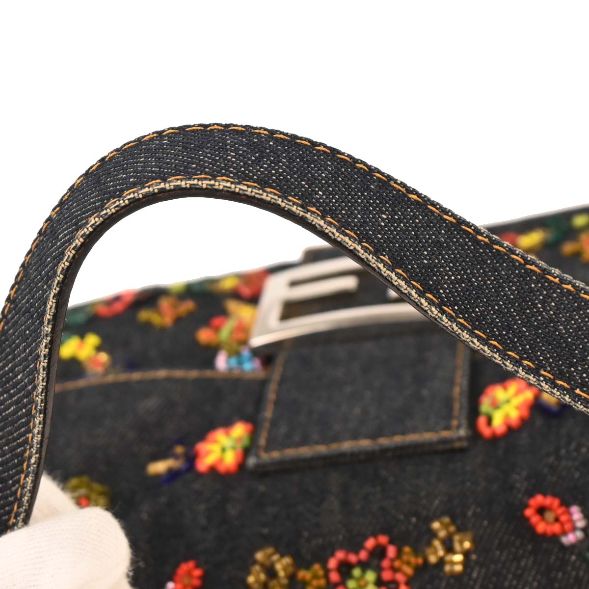 Fendi Navy Denim Beads Baguette Handbag
