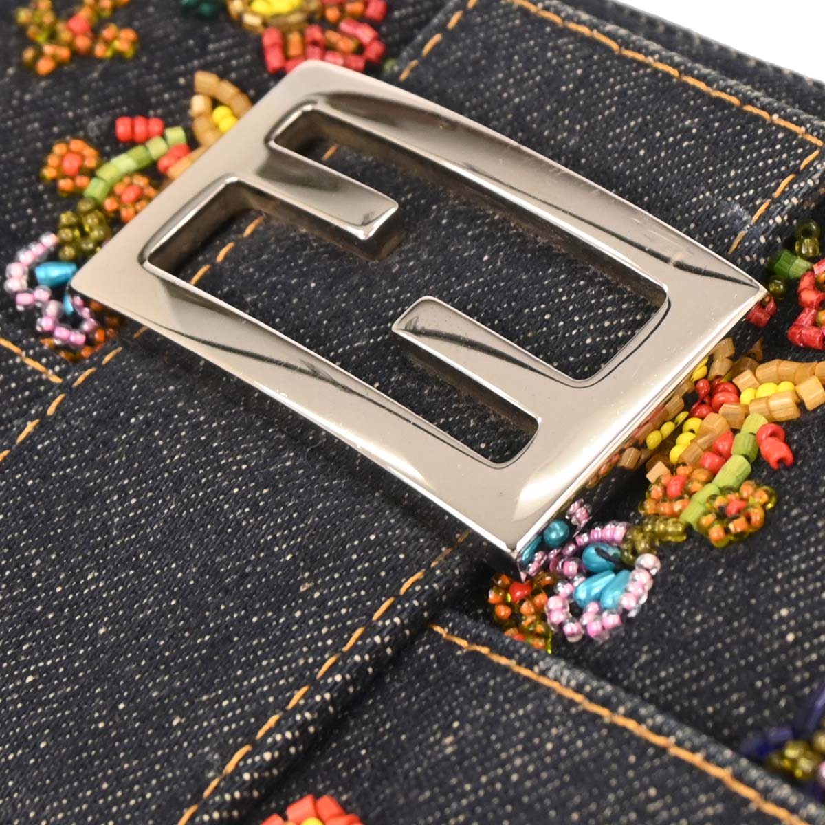 Fendi Navy Denim Beads Baguette Handbag