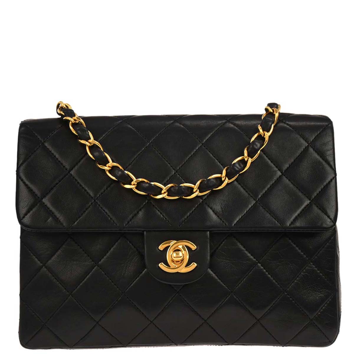 Chanel 1989-1991 Black Lambskin Classic Square Flap Shoulder Bag