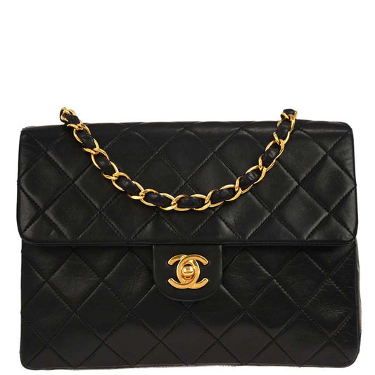 Chanel 1989-1991 Black Lambskin Classic Square Flap Shoulder Bag