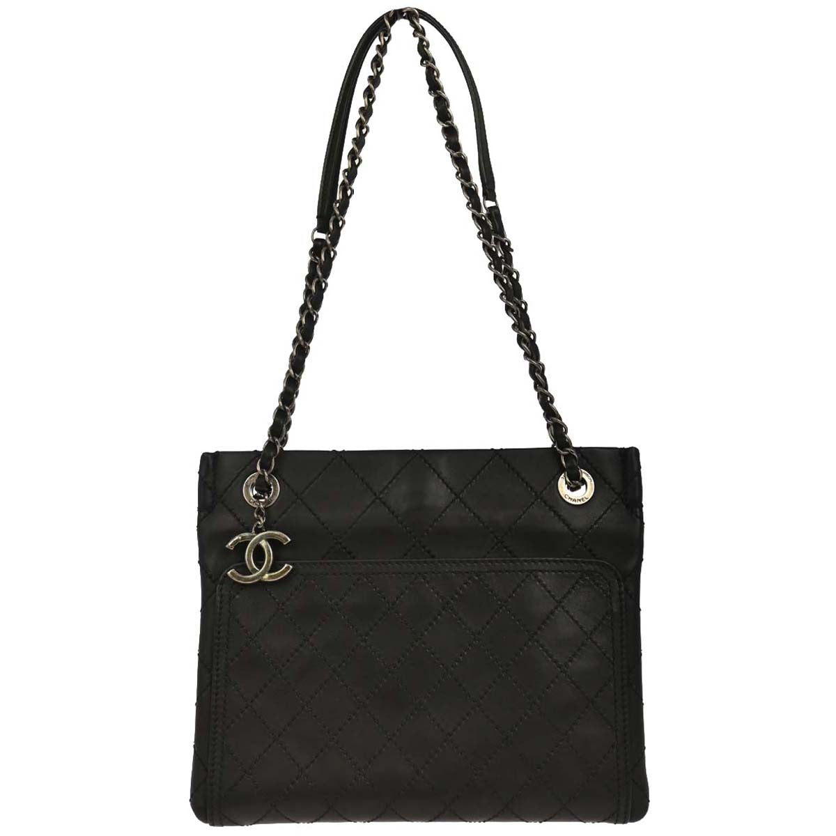 Chanel 2014-2015 Black Calfskin Wild Stitch Chain Tote Bag