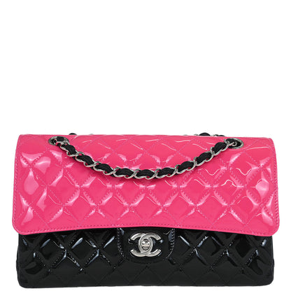 Chanel 2019 Pink Black Patent Leather Medium Classic Double Flap Shoulder Bag
