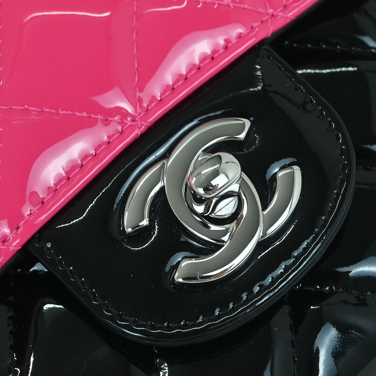 Chanel 2019 Pink Black Patent Leather Medium Classic Double Flap Shoulder Bag