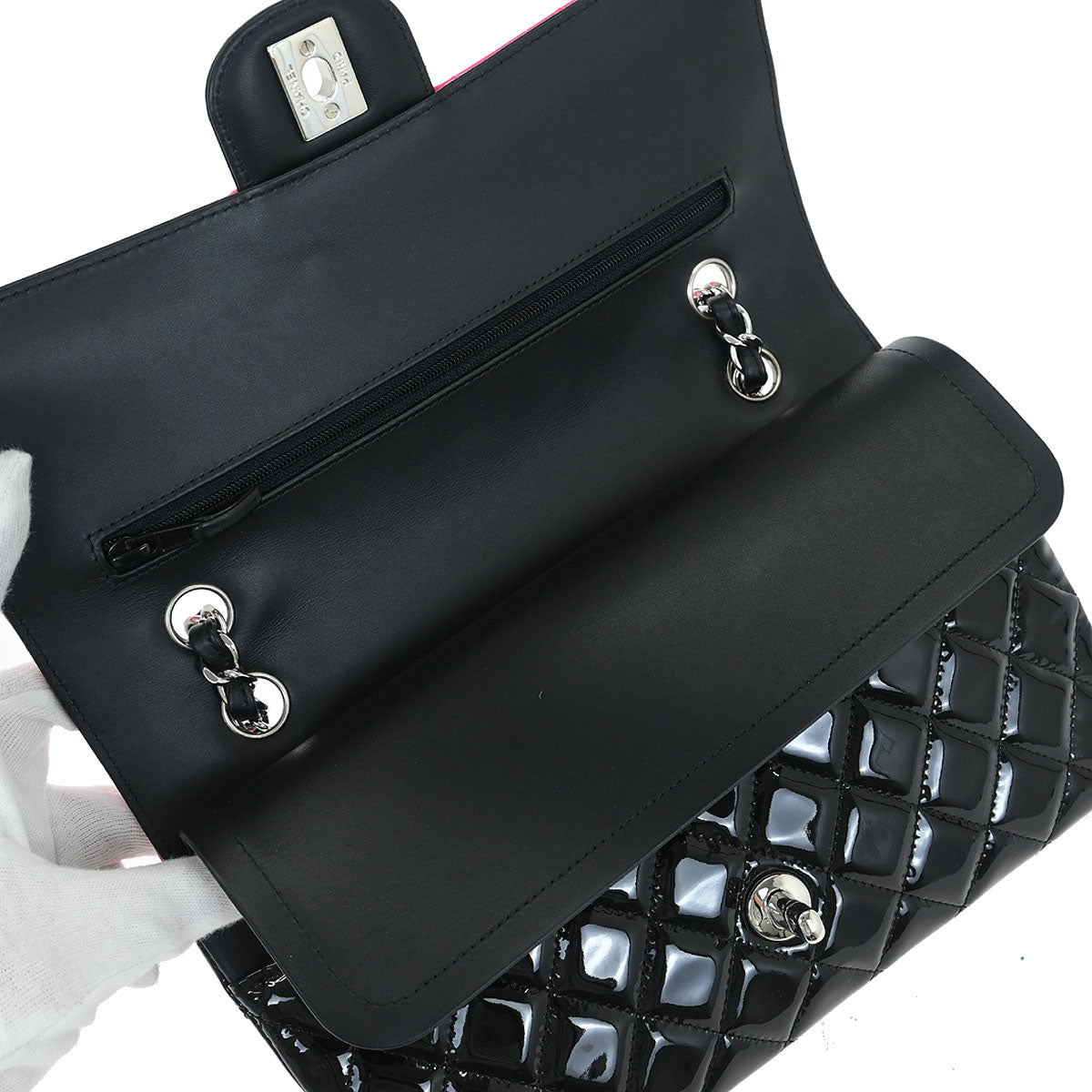 Chanel 2019 Pink Black Patent Leather Medium Classic Double Flap Shoulder Bag