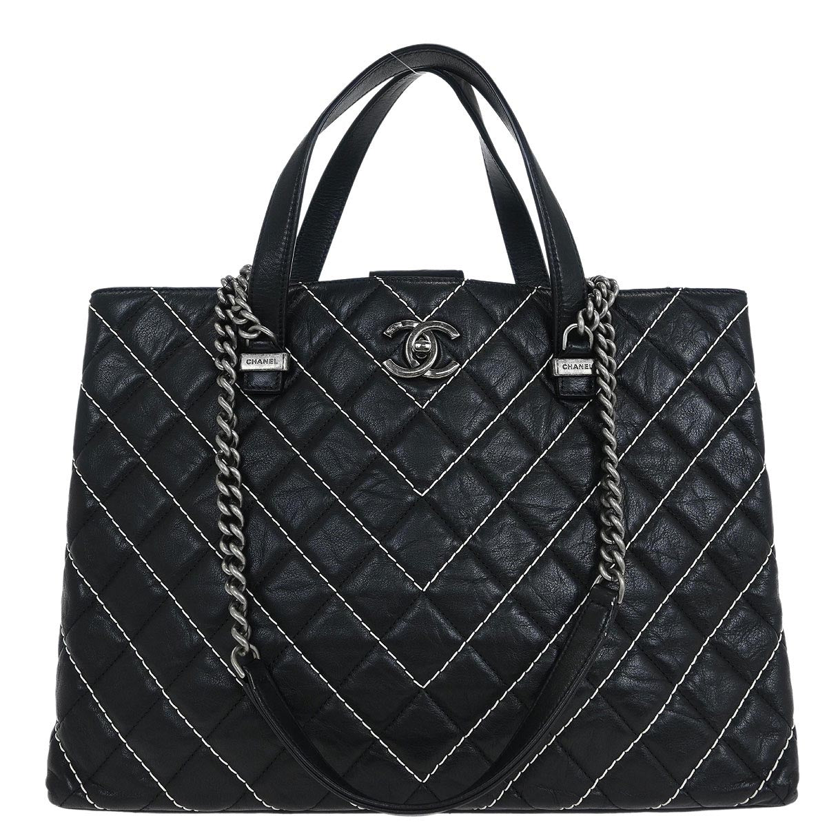 Chanel 2017 Black Calfskin Chevron Tote Bag