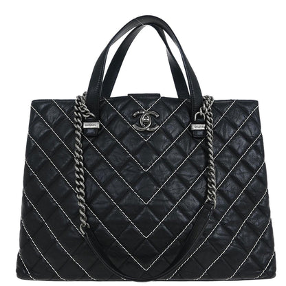 Chanel 2017 Black Calfskin Chevron Tote Bag
