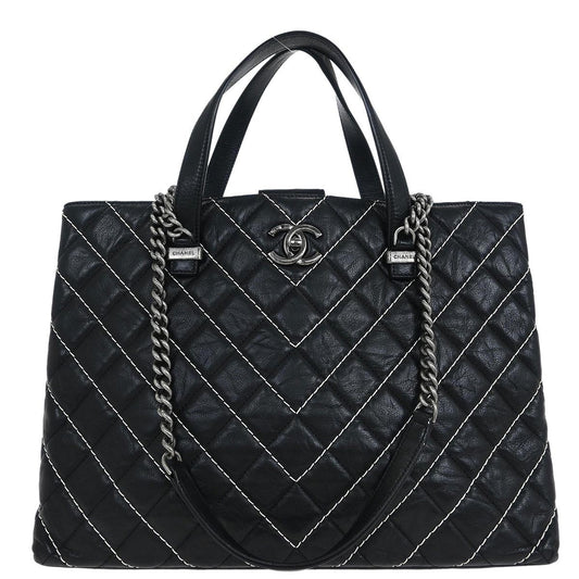 Chanel 2017 Black Calfskin Chevron Tote Bag