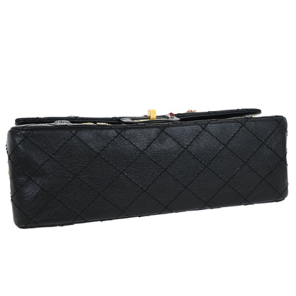 Chanel 2017-2018 Black Calfskin Icon 2.55 Medium Classic Double Flap Shoulder Bag