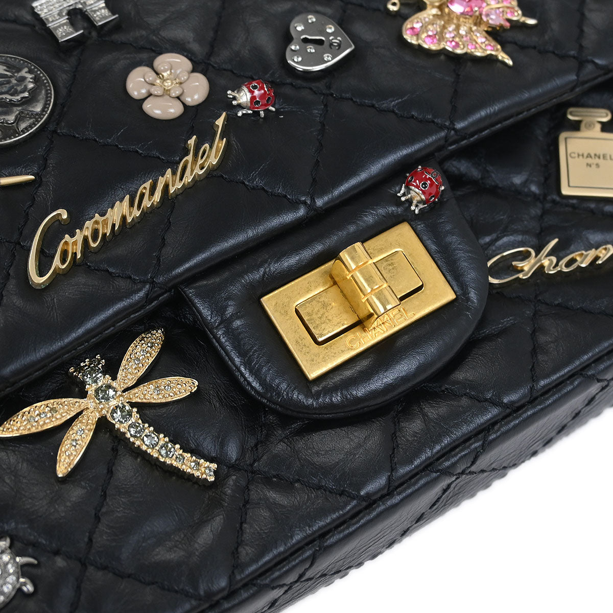 Chanel 2017-2018 Black Calfskin Icon 2.55 Medium Classic Double Flap Shoulder Bag