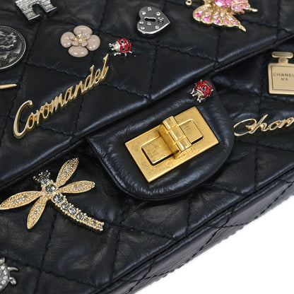 Chanel 2017-2018 Black Calfskin Icon 2.55 Medium Classic Double Flap Shoulder Bag