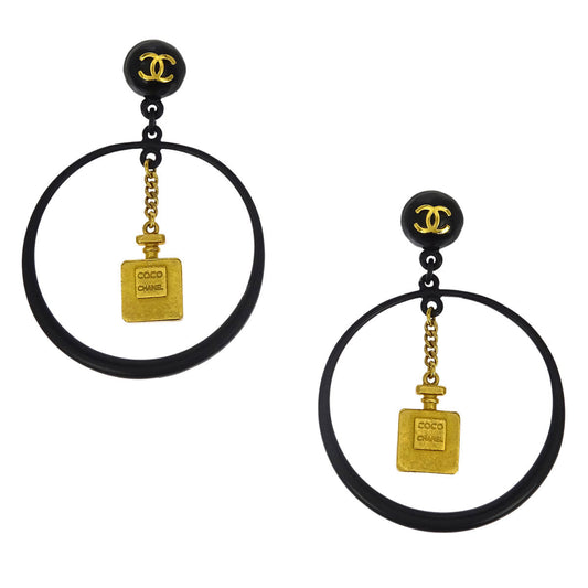 Chanel Gold Black Hoop Dangle Perfume Bottle Earrings Clip-On 94C