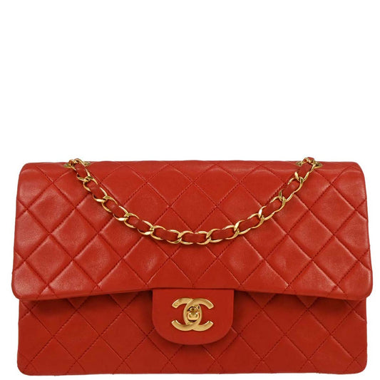 Chanel 1991-1994 Red Lambskin Medium Classic Double Flap Shoulder Bag