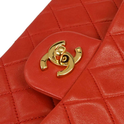 Chanel 1991-1994 Red Lambskin Medium Classic Double Flap Shoulder Bag