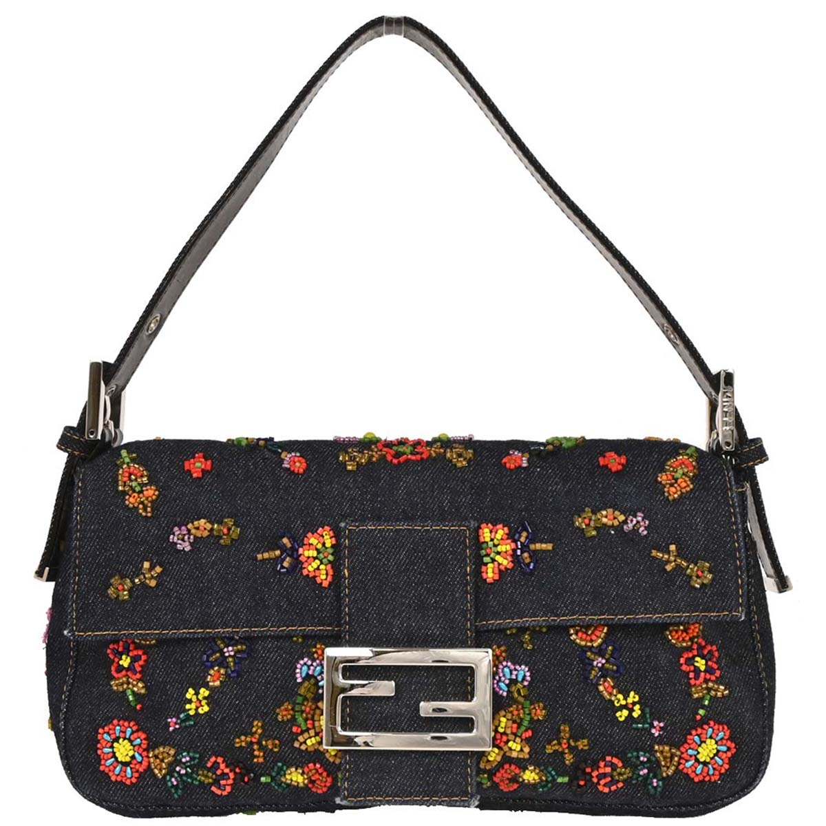 Fendi Navy Denim Beaded Baguette Handbag