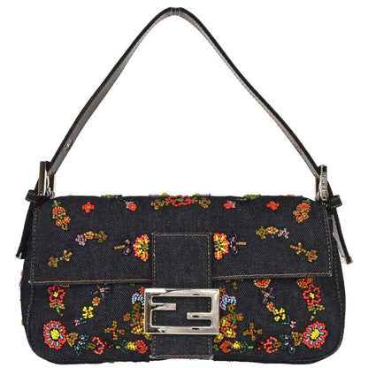 Fendi Navy Denim Beaded Baguette Handbag