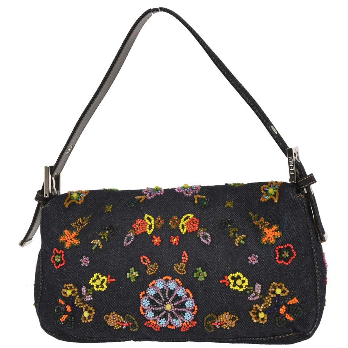 Fendi Navy Denim Beaded Baguette Handbag