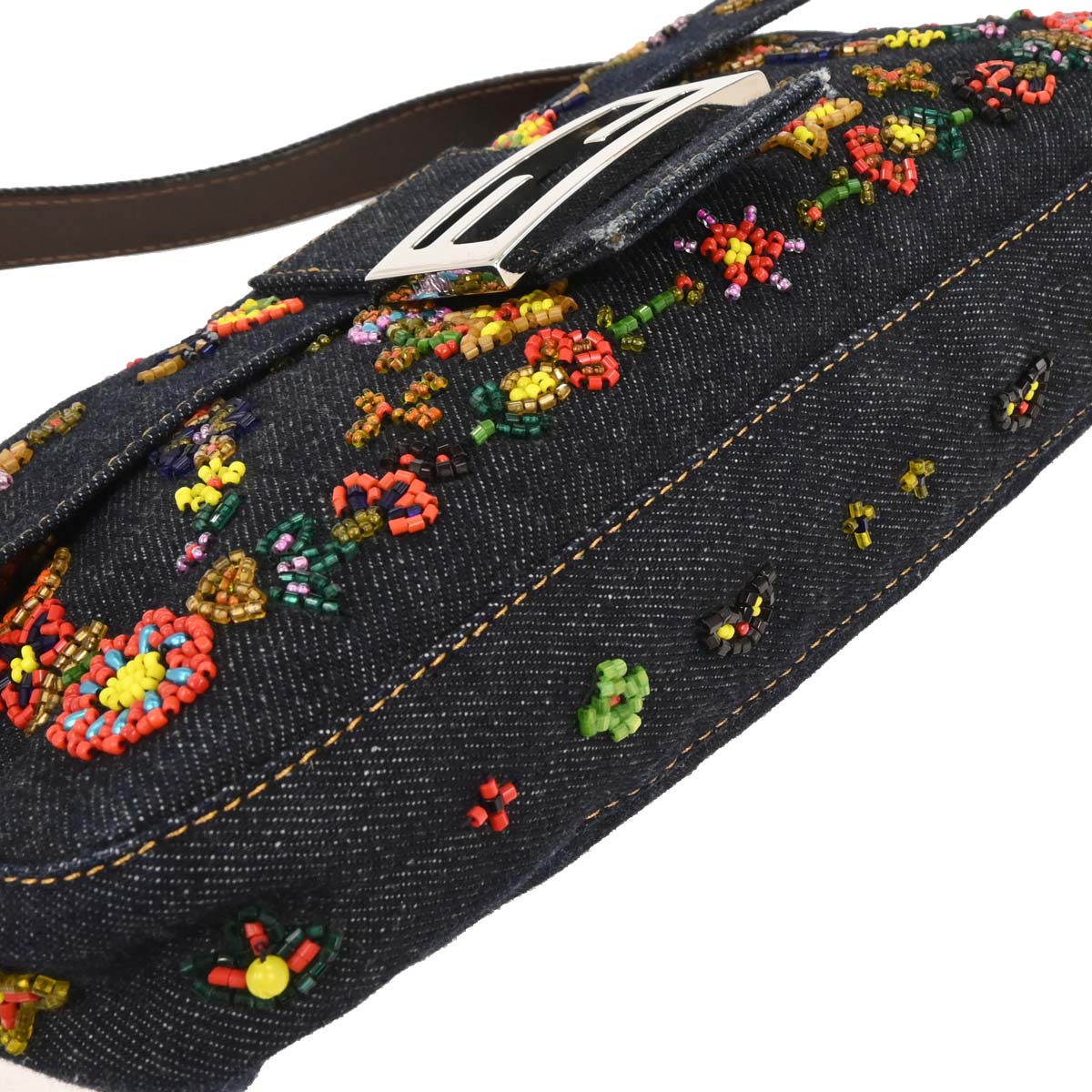 Fendi Navy Denim Beaded Baguette Handbag