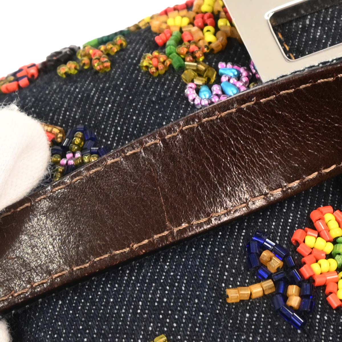 Fendi Navy Denim Beaded Baguette Handbag