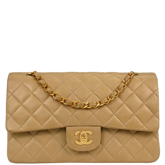 Chanel 1996-1997 Beige Lambskin Medium Classic Double Flap Shoulder Bag