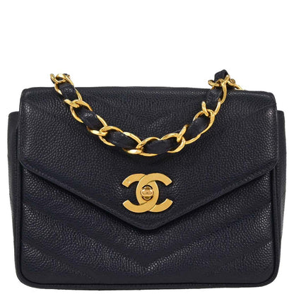 Chanel Navy Caviar Single Flap Shoulder Bag