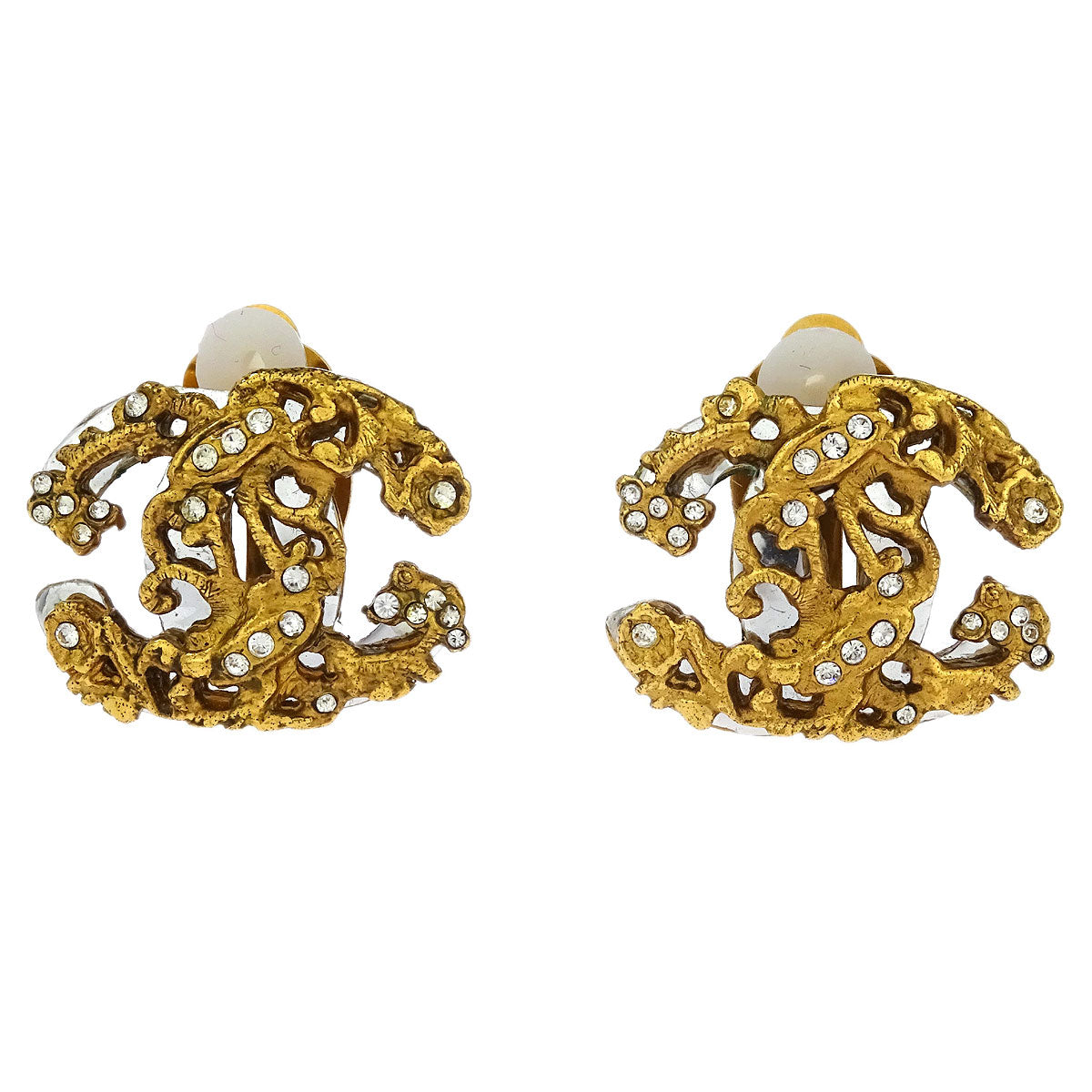 Chanel Gold CC Earrings Clip-On Rhinestone 02A