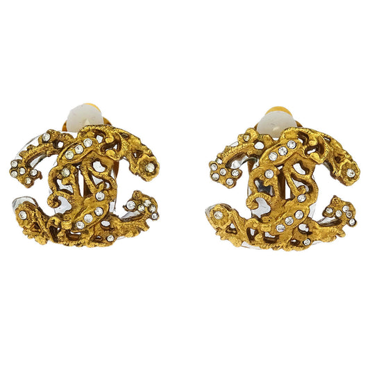 Chanel Gold CC Earrings Clip-On Rhinestone 02A