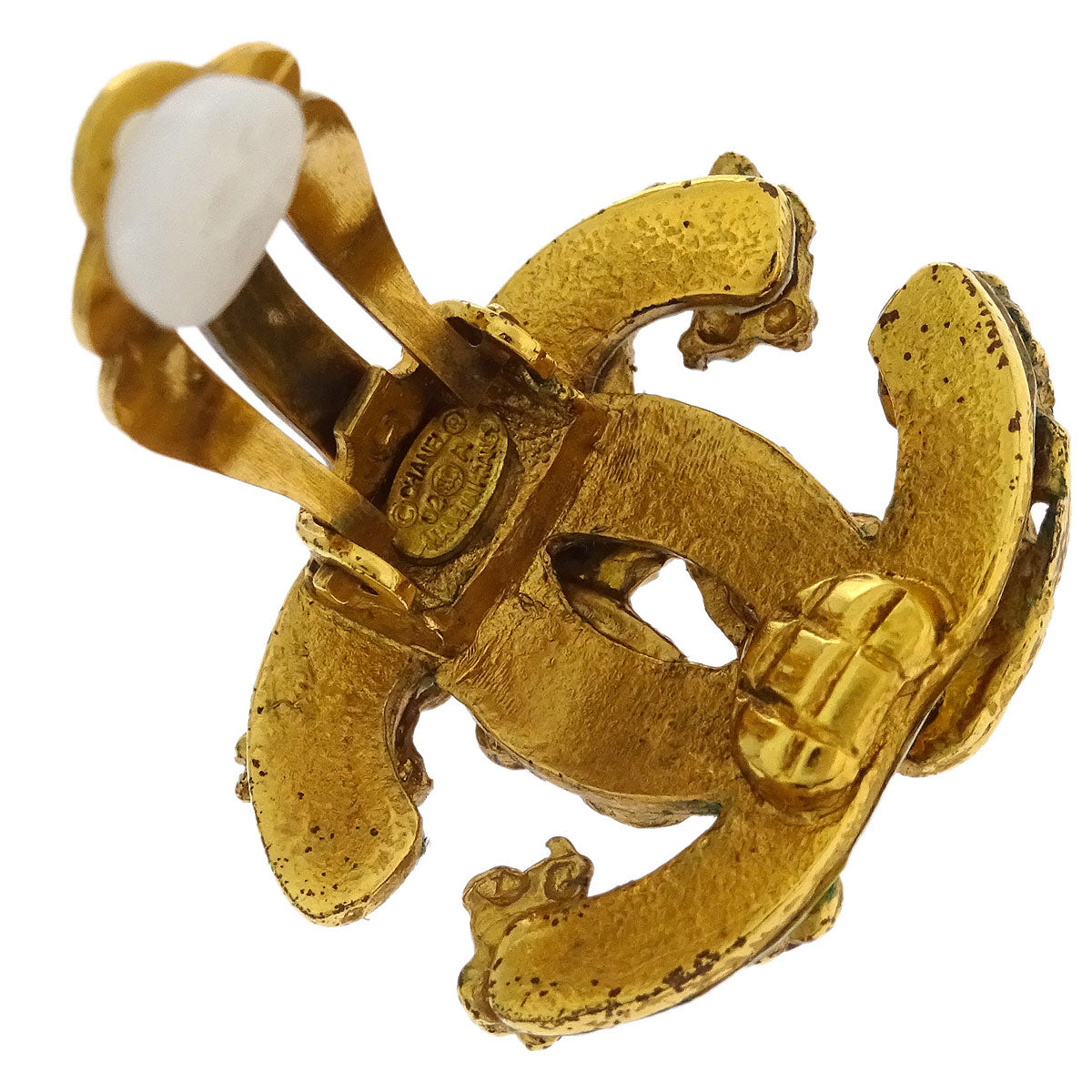 Chanel Gold CC Earrings Clip-On Rhinestone 02A