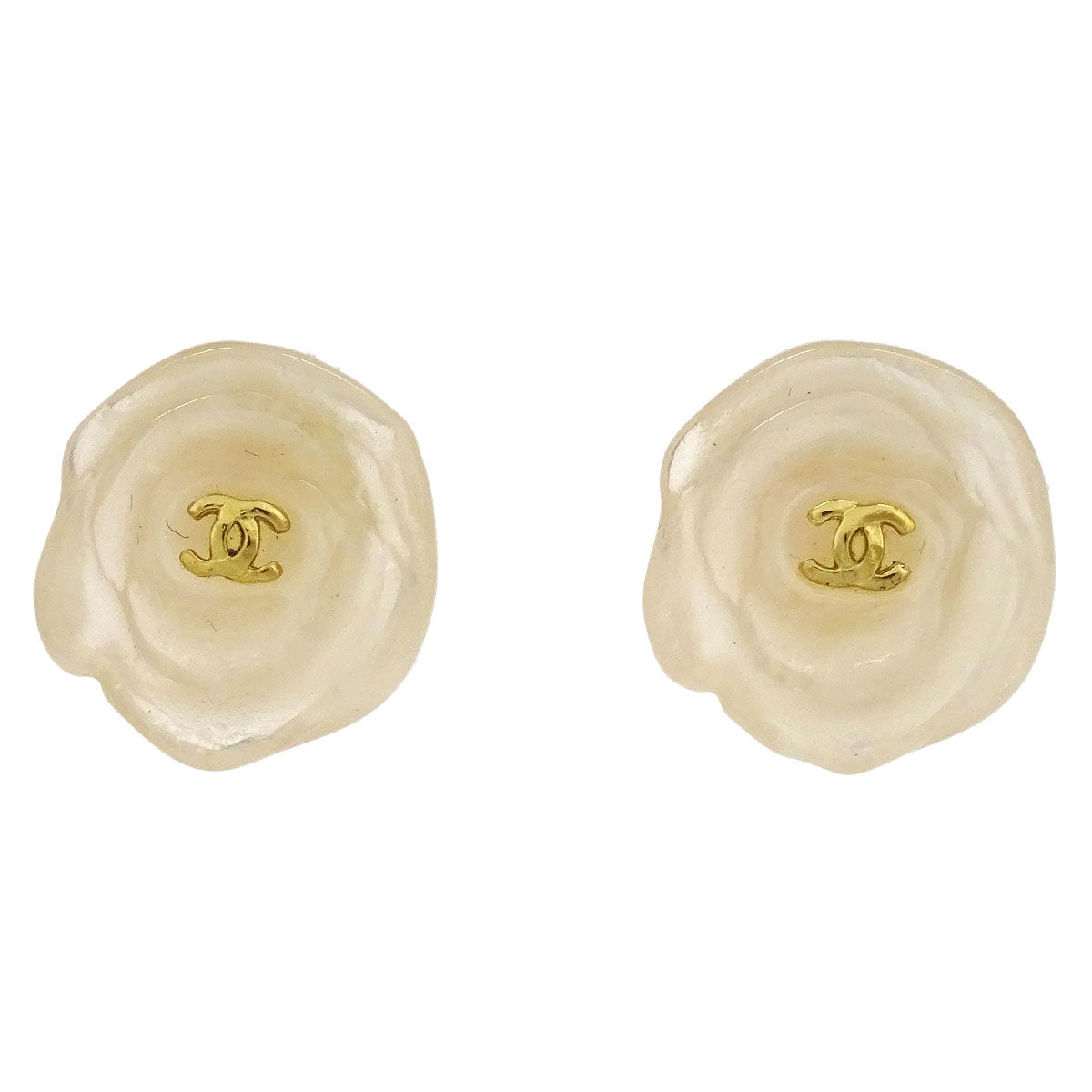 Chanel Gold Clear Camellia Earrings Clip-On 02P
