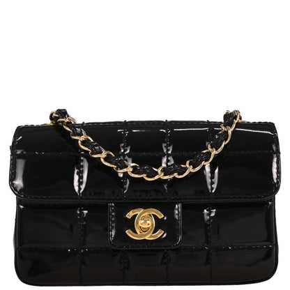 Chanel 2002-2003 Black Patent Leather Choco Bar Single Flap Shoulder Bag