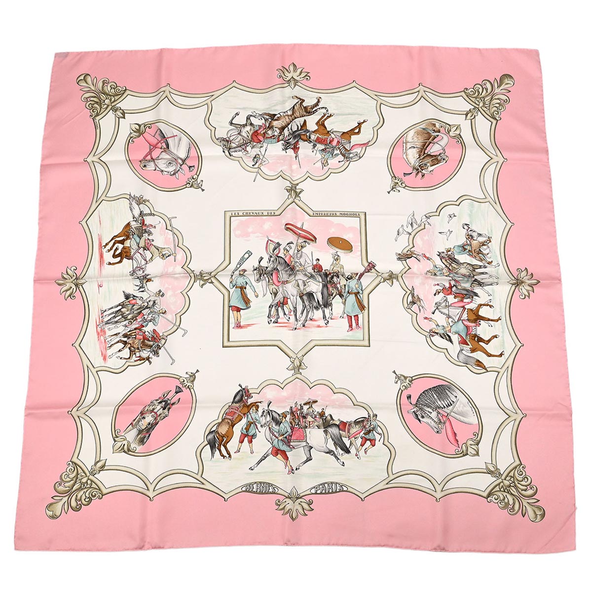 Hermes Scarf Carre 90 Les Chevaux Des Moghols Pink Small Good