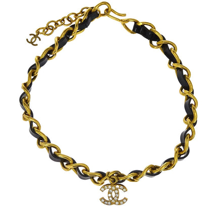 Chanel CC Rhinestone Patent Leather Chain Choker Necklace Gold 96P