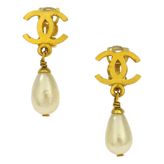 Chanel Gold CC Earrings Clip-On Dangle Costume Pearl 96P