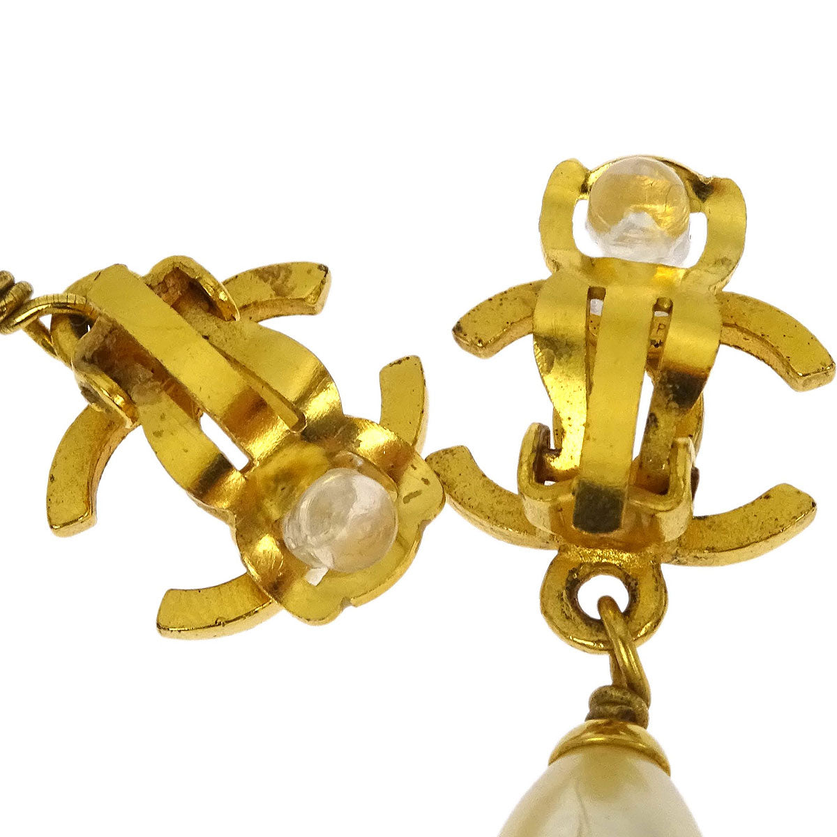 Chanel Gold CC Earrings Clip-On Dangle Costume Pearl 96P