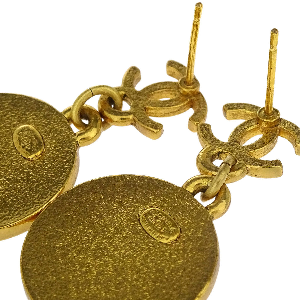 Chanel Dangle Piercing Earrings Gold Button 01P