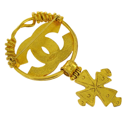 Chanel Medallion Dangle Cross Brooch Pin Gold 94P