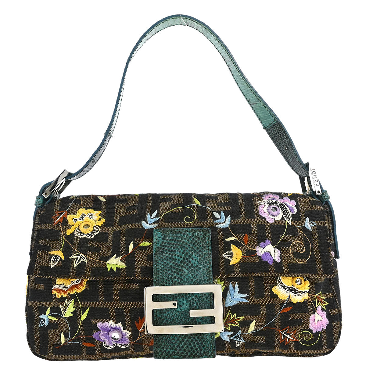 Fendi * Brown Blue Lizard Zucca Baguette Handbag